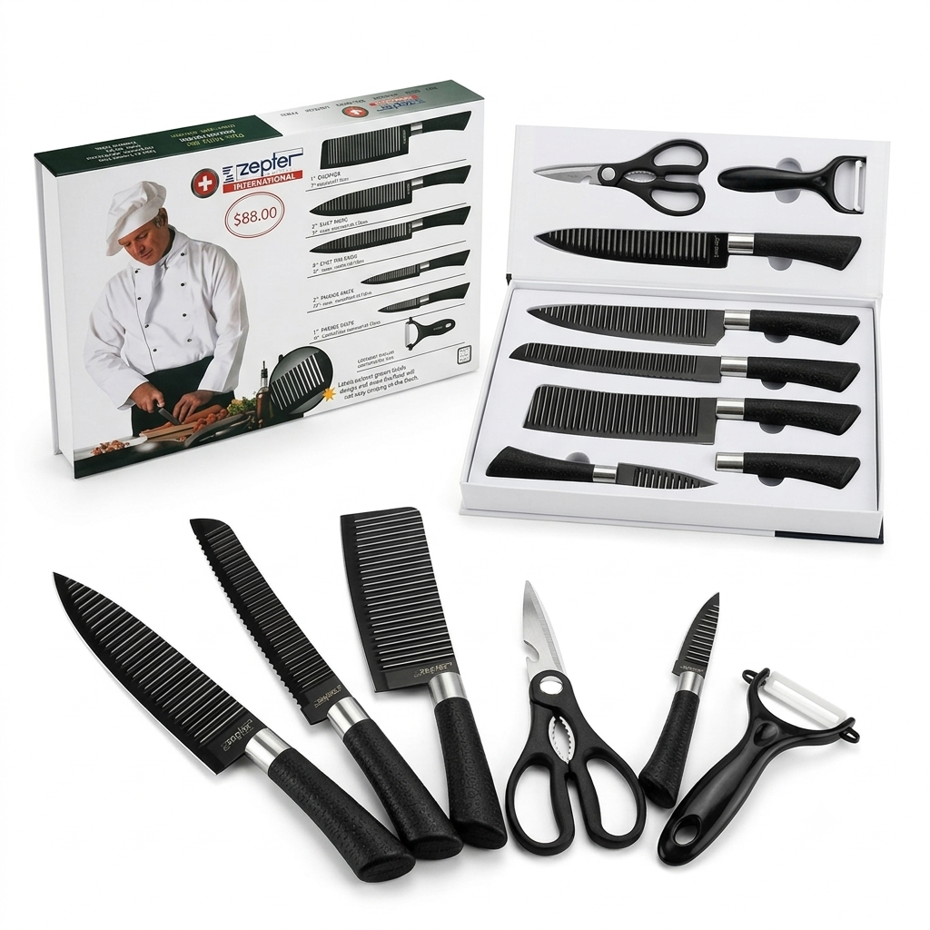 Zepter 6-Piece Non-Stick Kitchen Knife Set - Professional Stainless Steel Chef Knife & Peeler Kit